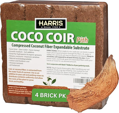 Harris Coco Coir Pith, 4 Bricks Expand to 9 Gallons of Coconut Coir, Coconut Fiber