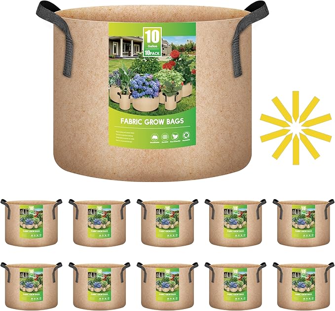 iPower 10-Pack 10 Gallon Plant Bags Heavy Duty Thickened Nonwoven Fabric Potato Growing Pot, Aeration Durable Container with Reinforced Strap Handles, Tan