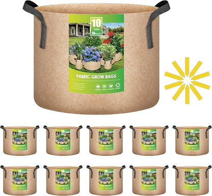 iPower 10-Pack 10 Gallon Plant Bags Heavy Duty Thickened Nonwoven Fabric Potato Growing Pot, Aeration Durable Container with Reinforced Strap Handles, Tan