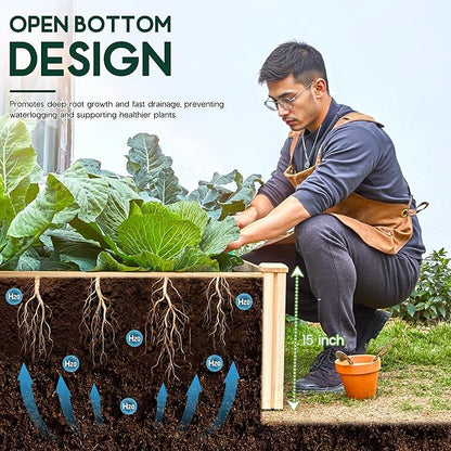 AMERLIFE 8x4 Ft Wood Raised Garden Bed, Durable 15 Inch Depth Planter Box for Vegetables, Herbs, and Flowers, Ideal for Outdoor Gardening with Open Base