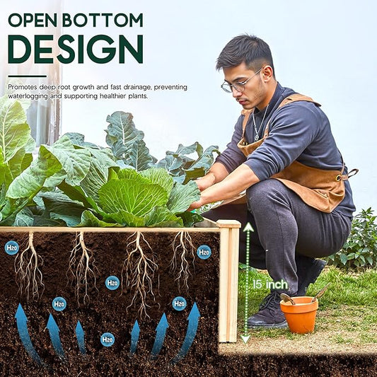 AMERLIFE 8x4 Ft Wood Raised Garden Bed, Durable 15 Inch Depth Planter Box for Vegetables, Herbs, and Flowers, Ideal for Outdoor Gardening with Open Base