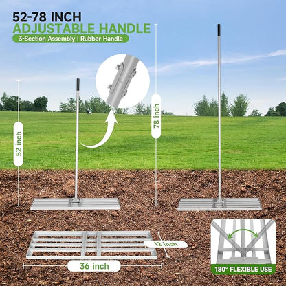 Lawn Leveling Rake – Heavy-Duty Galvanized Steel Yard Leveling Rake with Adjustable 36x12 Inch Rack Head & Extendable 52-78 Inch Handle, Rust-Resistant, All-Welded, Gloves Included