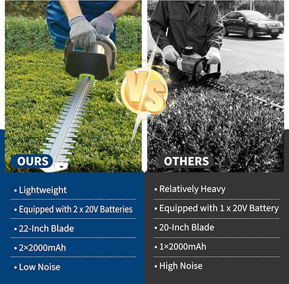 Hedge Trimmer Cordless with Battery, Electric Hedge Trimmer, 22 Inch Handheld Bush Trimmers, with 2 20V 2.0Ah Batteries and Charger, Brushless Motor, Dual Safety Switch, for Gardening, Lawns