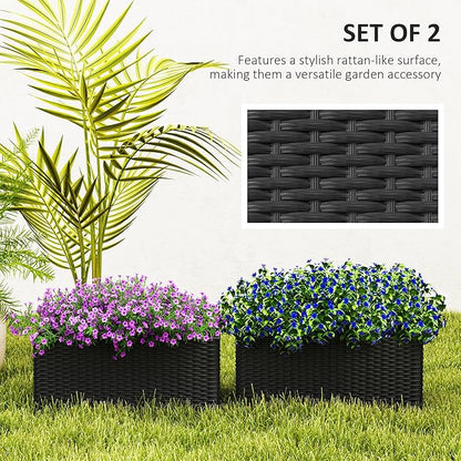 Outsunny Railing Planter Box (2 Pack, 20 Inch), Hanging Flower Pots with Hooks, Drainage Holes for Fence, Balcony, Garden, Patio, Rattan Look, Black