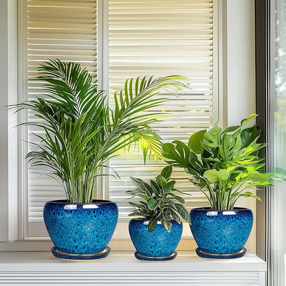 Ceramic Plant Pots Indoor, 10 Inch 8 Inch 6 Inch Round Planters Pots for Indoor Outdoor Plants, Modern Large Flower Pots with Drainage Holes and Saucers, Set of 3, Blue