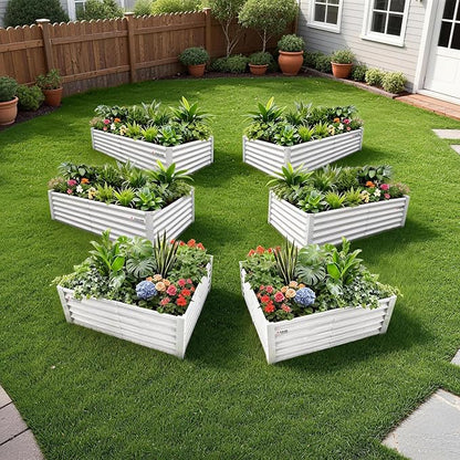 A ANLEOLIFE 6-Piece 18 Inch Tall Antique White Raised Garden Beds Kit, Rectangular & Square Planters for Organized Backyard Gardens