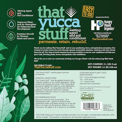 OMRI Listed Soil Conditioner & Input Material Wetting Agent | 97% Yucca Schidigera Extract with Citric & Humic Acids | Boosts Water Penetration, Plant Health | Eco-Friendly | 3 Liter