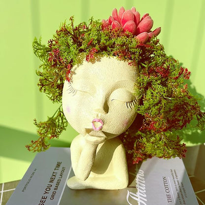 Face Planter Pots Resin Air Kiss Head Face Planter Standing Flower Pots for Trailing Plants Handcrafted Succulent Planter Pot for Indoor and Outdoor Plants Pale Yellow 1Pack