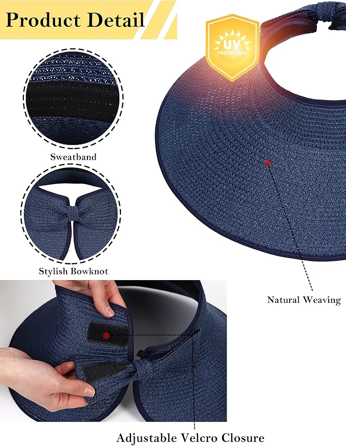 Womens Beach Straw Sun Hats Ponytail Hole Wide Brim Summer Visor Foldable Hat Sun Protection Packable for Travel Pool