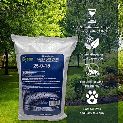 Supply Solutions 25-0-15 Ultra Green Lawn and Turf Fertilizer - 16% Slow Release Nitrogen - Promotes Lush, Green Lawns and Strong Root Growth, Reduces Mowing Frequency (50 Pounds)