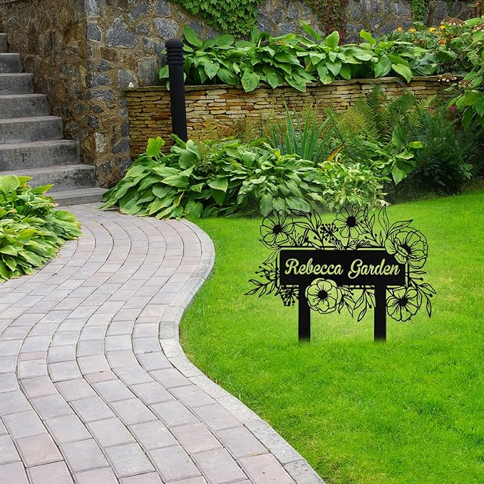 Custom Metal Flower Garden Sign with Stake, Personalized Garden Signs for Outside, Customized Garden Name Signs for Yard Lawn Outdoor Decor Gardening Gifts for Moms Grandmas Gardeners