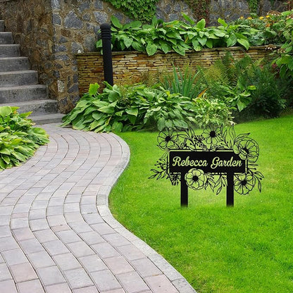 Custom Metal Flower Garden Sign with Stake, Personalized Garden Signs for Outside, Customized Garden Name Signs for Yard Lawn Outdoor Decor Gardening Gifts for Moms Grandmas Gardeners