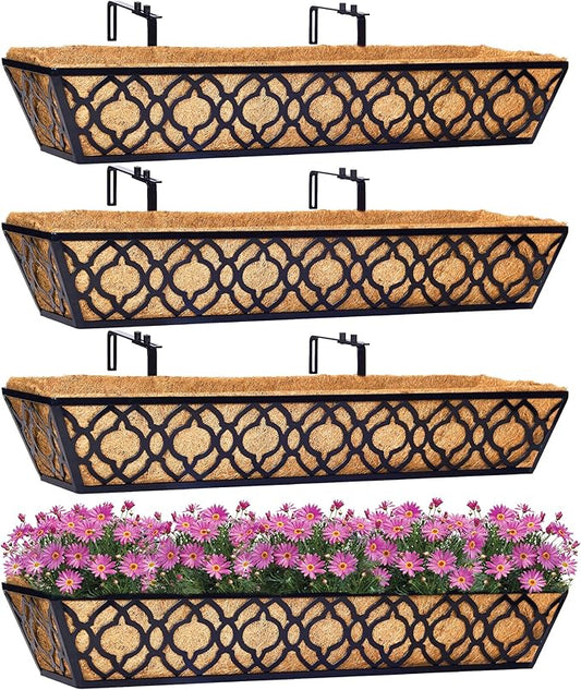 4pcs 30 Inch Window Deck with Coco Liner, 30" Window Boxes Horse Trough with Coconut Coir Liner, Metal Hanging Flower Planter Basket Deck Railing Planter Boxes for Outdoor Indoor Lawn