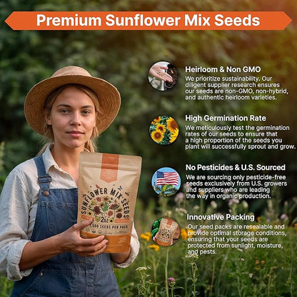 Sunflower Mix Seeds Pack 2 oz - Over 2,500 Non-GMO Heirloom Sunflower Seeds for Planting, Annual Flowers in Individual Seed Packet for Planting Home Garden Indoor & Outdoor Gardening