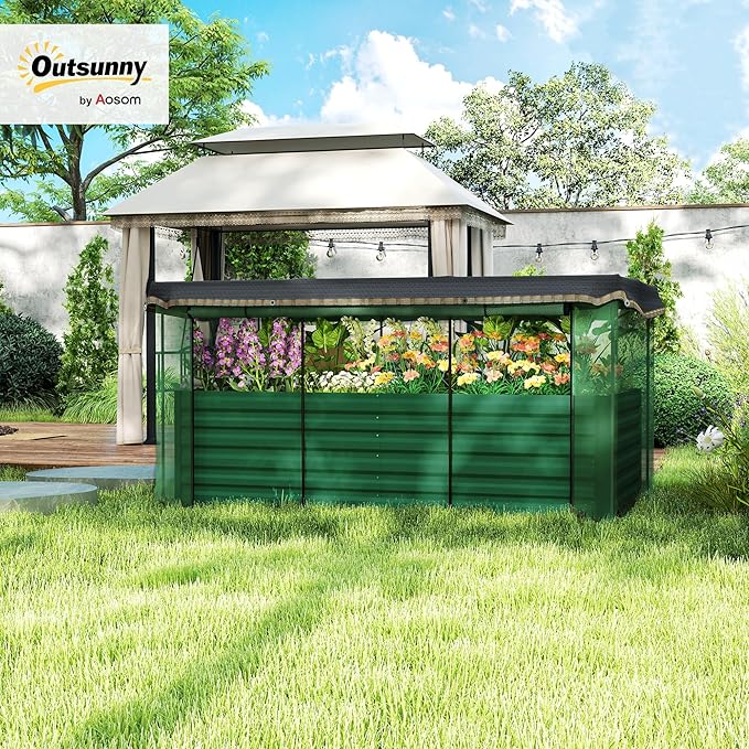 Outsunny 7.3 x 3.4 x 2 ft Galvanized Raised Garden Bed with Crop Cage Plant Protection Net and Shade Cloth Roof, Metal Planter Box with Cover for Vegetables, Flowers, Herbs, Green