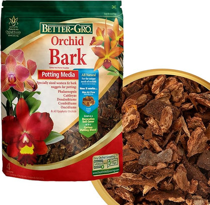 Better-Gro Orchid Bark-Premium Grade Orchid Potting Medium for Potting,Repotting,Root Development,and Water Retention,Ideal for Phalaenopsis,Epiphytic Orchids,and Tropical Plants-4 Quarts,(Pack of 2)