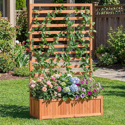 HAPPYGRILL Raised Garden Bed with Trellis, 59" Tall Wooden Elevated Planter Box w/Liner, Drainage, Detachable Base Panel for Climbing Plant Vine Flower, Outdoor Planter w/Trellis for Patio (1)