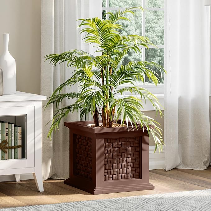 Rattan Style Outdoor Planter Box - 14.65-Inch-Square Decorative Flower or Plant Pot - Garden, Patio and Front Porch Decor by Pure Garden (Brown)