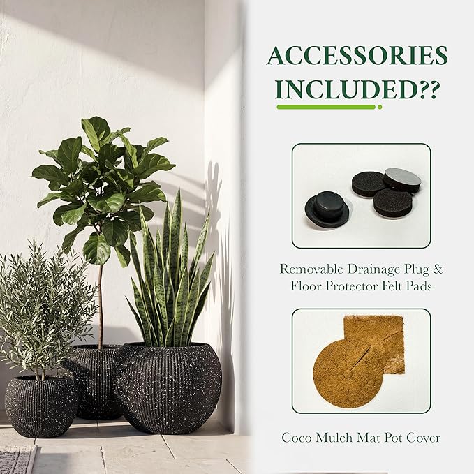 DTY Mt Sherman 21.1'' D x 16.7'' H (Pot Opening 14.6") Fiberstone Round Planter with Drainage Hole, Smooth Finishes, Weather Resistant for Indoor and Outdoor, 2 Extra Coco Mats - Ribbed Black, Large