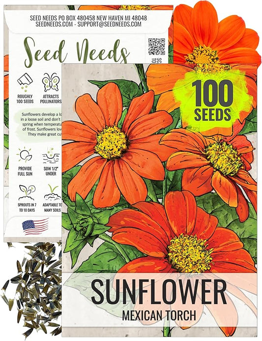 Seed Needs Mexican Sunflower Seeds for Planting Tithonia rotundifolia Flowers - Heirloom & Open Pollinated Flower Seed - Annual Wildflower to Plant a Butterfly Garden (1 Pack)