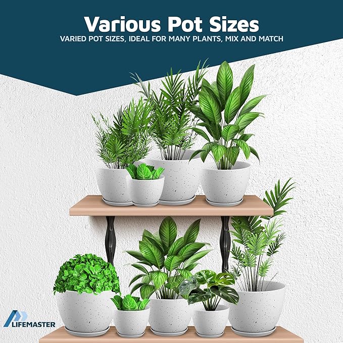 White Grey Plant Pots with Drainage Holes & Saucers 3 Pack, Indoor & Outdoor Stackable Space-Saving Planters for Houseplants & Flowers, (7", 6.7", and 6" Inches), Durable & Weatherproof Materials