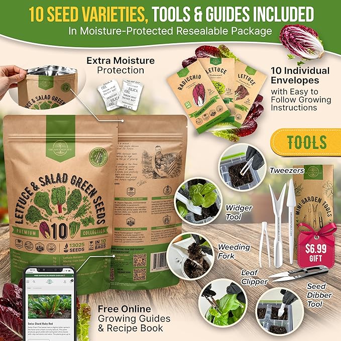 Organo Republic 10 Lettuce & Salad Greens Seeds Variety Pack 13000+ Non-GMO Heirloom Lettuce Seeds for Planting Indoors & Outdoors Garden, Hydroponics - Arugula, Radicchio, Kale, Spinach, Swiss Chard