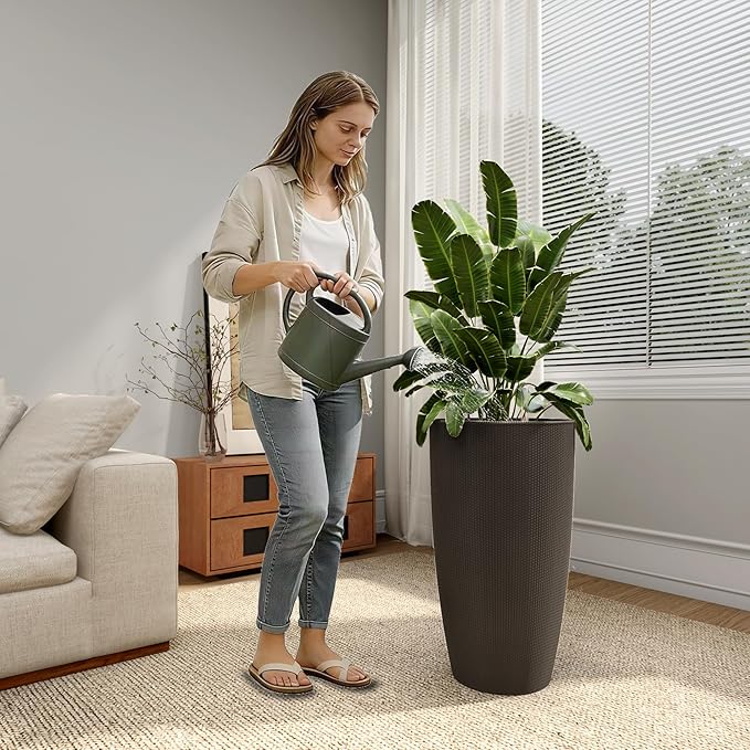 22" Tall Planter Set of 2, Large Self Watering Pots for Indoor/Outdoor Plants with Drain Holes, Water Level Monitor, Inner Bucket for Front Porch Patio, Brown Rattan Conical