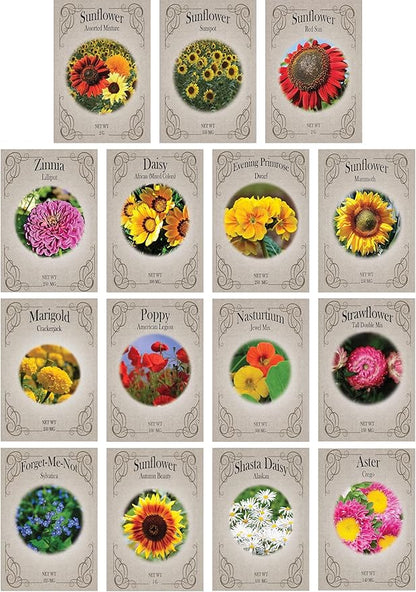 Set of 15 Premium Variety Flower Seed Packets - Heirloom Non-GMO and Proudly Sourced in The USA