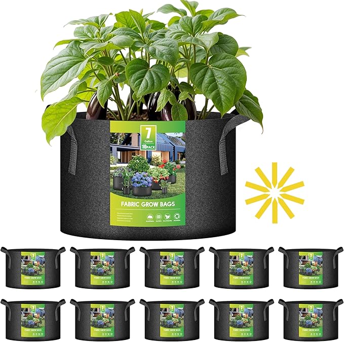 iPower 10 Pack 7 Gallon Grow Bags with Labels, 300G Thickened Nonwoven Plant Fabric Pots with Handles, Aeration Garden Grow Pots for Tomato Potato Vegetables, Fruits, Flowers, Black