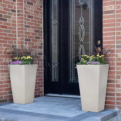 Step2 Tremont Tall Square Planter Pot, Large Outside All-Season All-Weather Gardening Pot for Patio and Front Porch, Concrete, 2-Pack