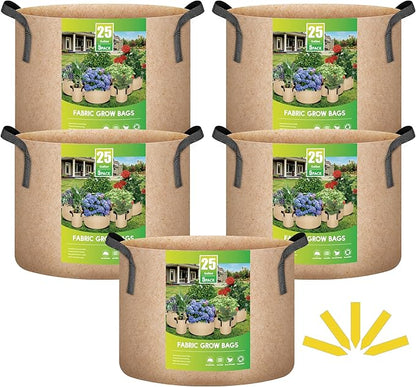 iPower 5 Pack 25 Gallon Tan Grow Bags, Garden Planting Nonwoven Fabric Pots with Reinforced Handle, Heavy Duty and Aeration Planter Pot for Tomato, Fruits, Vegetables and Flowers