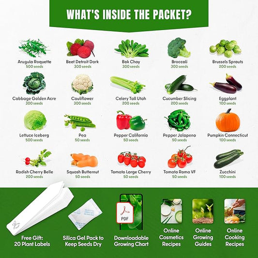 Vegetable Seeds Variety Pack – Tomato, Cucumber, Zucchini, Lettuce, Broccoli & Cabbage – 20 Varieties, 3900+ Non-GMO Heirloom Seeds, Indoor & Outdoor Garden