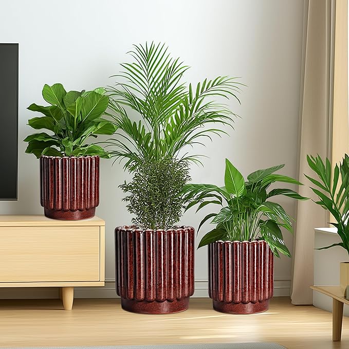 12 Inch Pots for Plants - Ceramic Planters for Indoor Plants, Large Plant Pots with Drainage Hole, Round Fluted Planter, Ceramic Flower Pot Outdoor, Room Decor, Gifts for Women Men, Red
