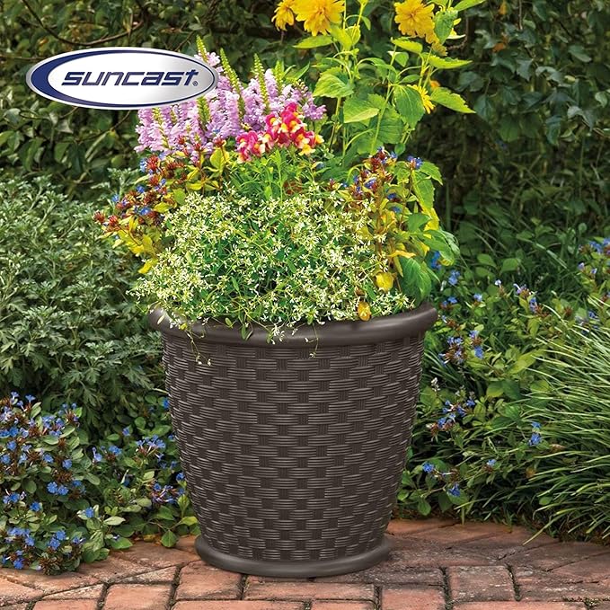 Suncast Sonora 4 Pack 22 Inch Plastic Wicker Indoor or Outdoor Decorative Garden Flower Planter for Entryways, Porch, and Backyard Patios, Dark Brown