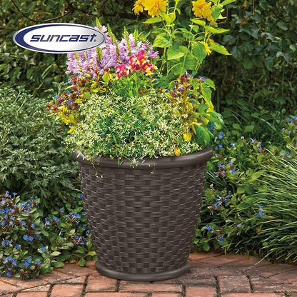 Suncast Sonora 4 Pack 22 Inch Plastic Wicker Indoor or Outdoor Decorative Garden Flower Planter for Entryways, Porch, and Backyard Patios, Dark Brown
