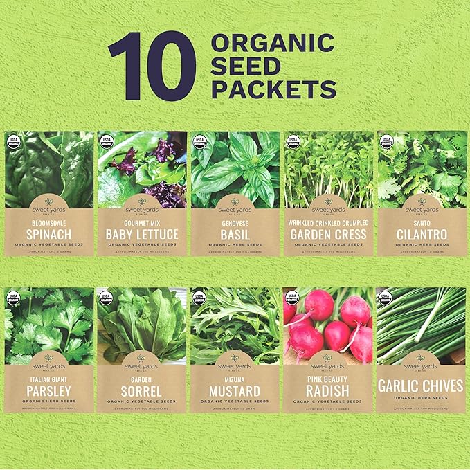 Organic Window Sill Seeds Variety Pack - 10 Individual Packs - 2026 Season - Basil, Cilantro, Pink Beauty Radish and More! for Indoor & Outdoor Planting (Non-GMO, Certified Organic)