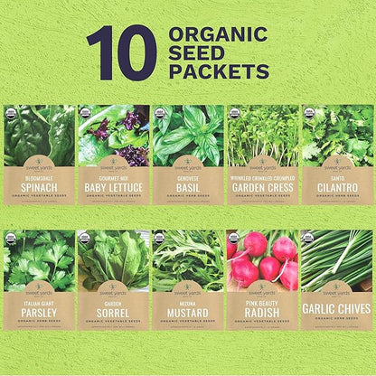 Organic Window Sill Seeds Variety Pack - 10 Individual Packs - 2026 Season - Basil, Cilantro, Pink Beauty Radish and More! for Indoor & Outdoor Planting (Non-GMO, Certified Organic)