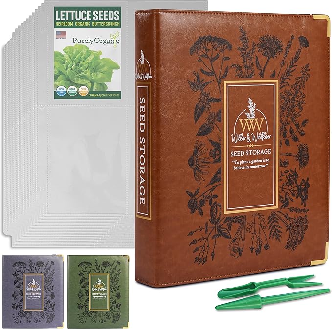 Willow and Wildflower Garden Seed Organizer Binder, Seed Storage Organizer, Garden Binder Book for Packet Storage Catalog Can Store 120 Packets with Dibber and Widger (Classic Brown)