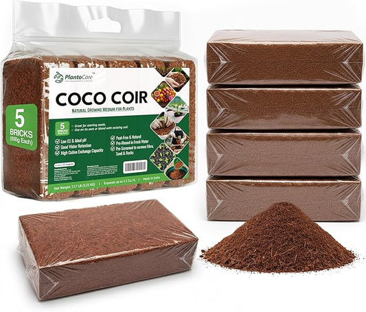 Premium Coco Coir by PlantoCare – Professional Grade Coconut Coir Growing Medium, pH Neutral & Low EC – Ideal for Seed Starters, Potting Mix, Hydroponics & Houseplants [5 Bricks of 650 Grams Each]