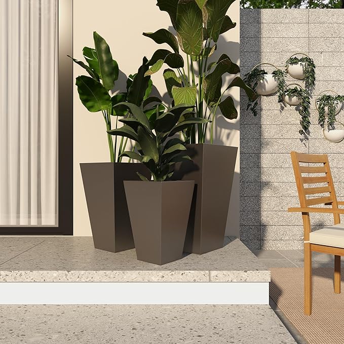 Deco 79 Metal Indoor Outdoor Planter Light Weight Large Planter Pot with Tapered Base and Polished Exterior, Set of 3 Planters 17", 21", 25"H, Gray