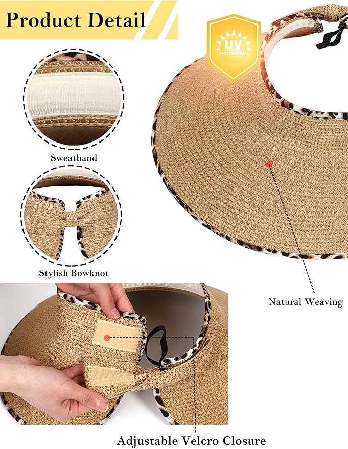 Womens Beach Straw Sun Hats Ponytail Hole Wide Brim Summer Visor Foldable Hat Sun Protection Packable for Travel Pool