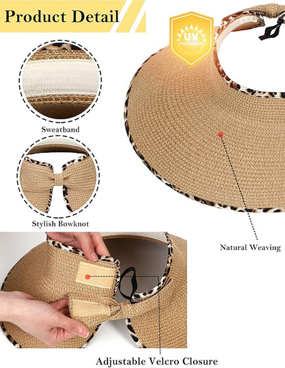 Womens Beach Straw Sun Hats Ponytail Hole Wide Brim Summer Visor Foldable Hat Sun Protection Packable for Travel Pool