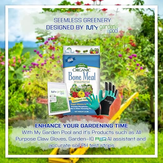 Espoma BM24 Bone Meal 24 lb. Bag with My Garden Pool PH Soil Test Strips 20 ct, and Superior Gardening Claw Gloves and Garden-IQ, Smart Gardening Assistant!