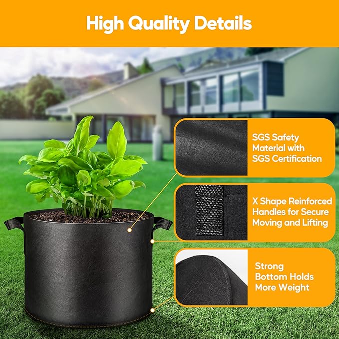 Simple Deluxe Grow Bags 15 Gallon 5 Pack Planter Pots with Handles, Thickened Nonwoven Fabric Aeration Cloth Bag, Heavy Duty Gardening for Tomoato, Potato, Vegetable and Flowers, Black with 5 Labels