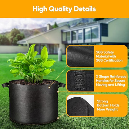 Simple Deluxe Grow Bags 15 Gallon 5 Pack Planter Pots with Handles, Thickened Nonwoven Fabric Aeration Cloth Bag, Heavy Duty Gardening for Tomoato, Potato, Vegetable and Flowers, Black with 5 Labels