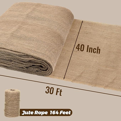 40'' x 30 Feet Burlap Fabric Roll 10 Yard, Natural Jute Fabric for Winter Tree Wrap Plant Covers Freeze Protection with 164 Feet Jute Rope, DIY Rustic Wedding Garden Outdooor Christmas Decoration