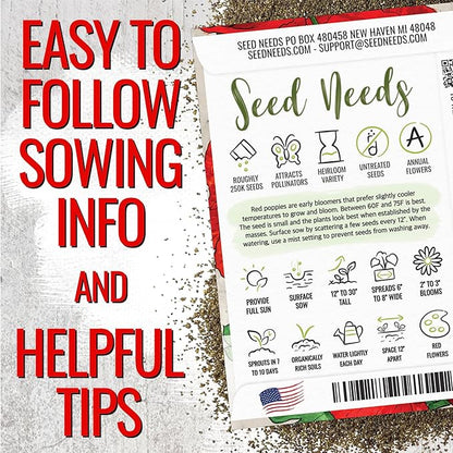 Seed Needs Corn Poppy Seeds for Planting Wildflower Seeds | 1.5 Ounce Papaver Rhoeas Annual Flower Seed Red Blooms | Produces Red Prolific Blooms an American Summer Favorite | Bulk