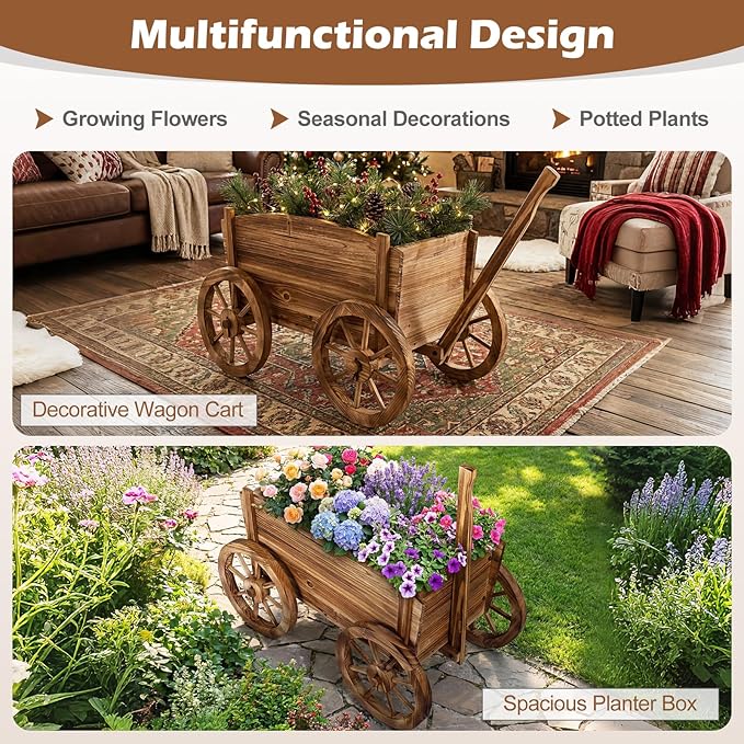 Giantex Wood Wagon Planter, Rustic Rolling Flower Pot Stand with Wheels, Handle & Drainage Hole for Growing Vegetables Herbs, Indoor Outdoor Decorative Cart for Patio Balcony Garden