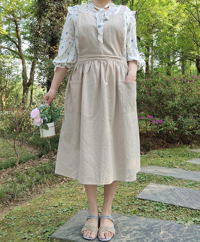 Cute Retro Cotton Linen X-Back Aprons Home Kitchen Garden Art Painting Pinafore Florist Shop Overalls