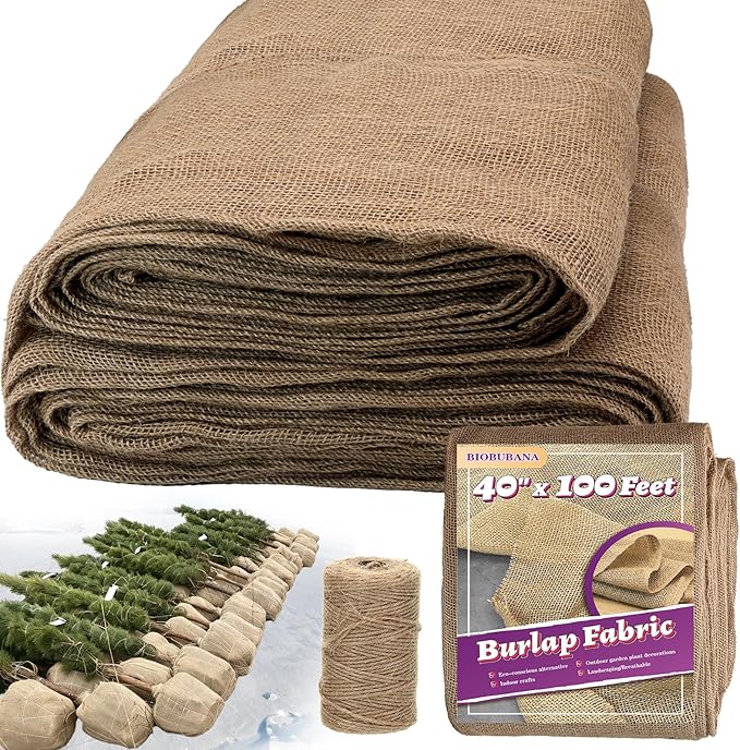 40'' x 100 Feet Burlap Fabric Roll 33 Yard, Natural Jute Fabric for Winter Tree Wrap Plant Covers Freeze Protection with 164 Feet Jute Rope, DIY Rustic Wedding Garden Outdooor Christmas Decoration